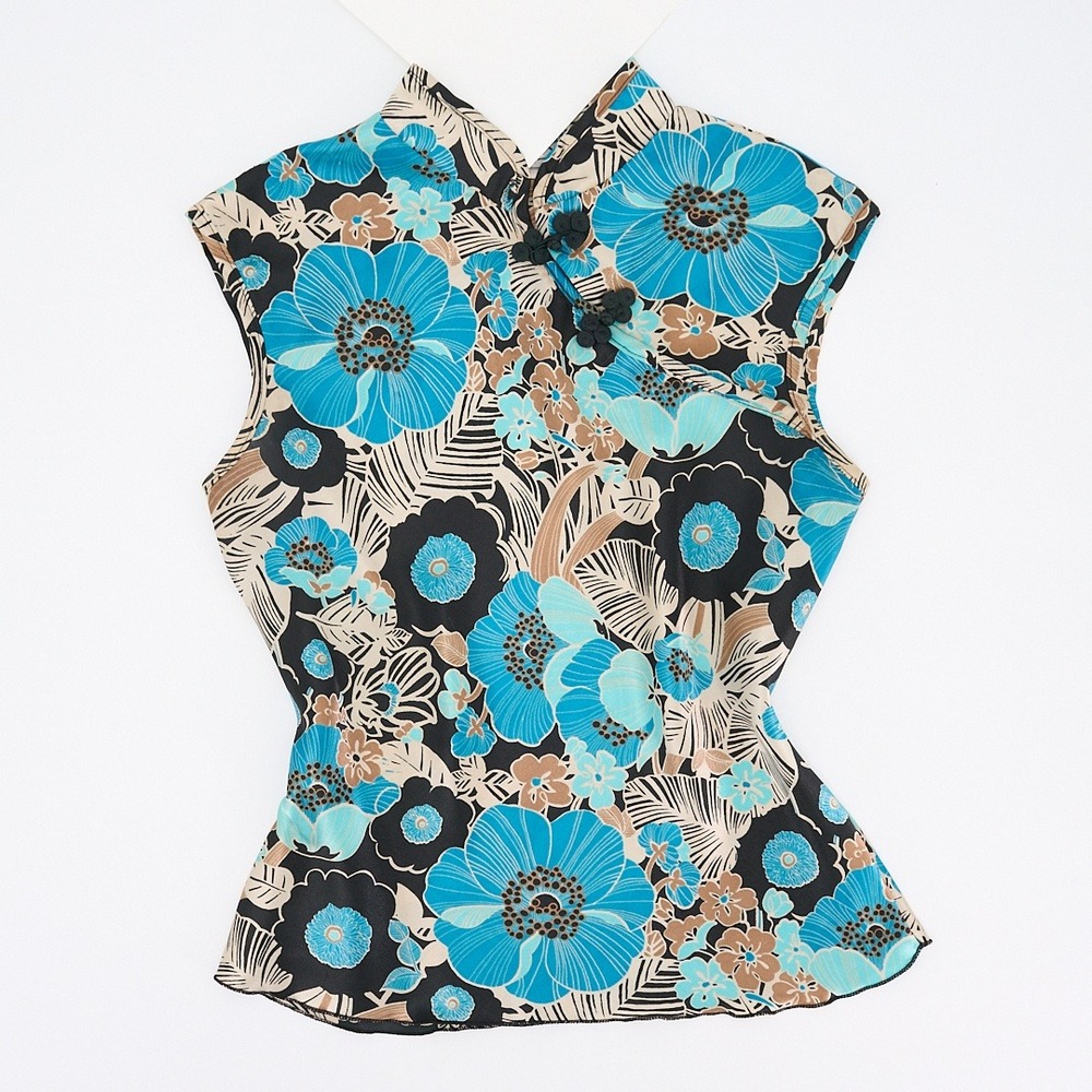 Rave Turquoise Black Floral Sleeveless Top Mandarin Collar Frog Closures